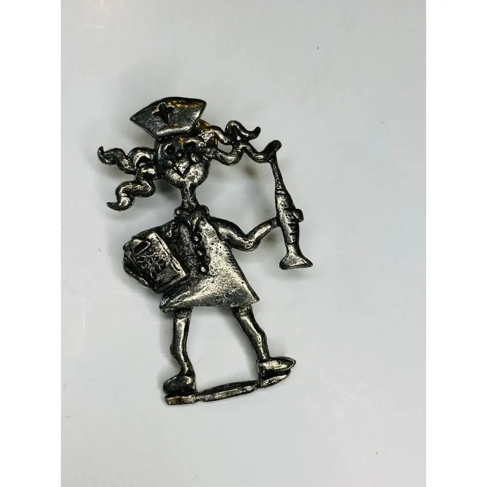 Vintage H Adams Signed Crazy Hair Nurse Lapel Pin Silvertone 2.2
